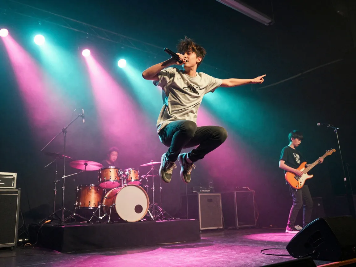 Teen singer jumping with microphone, pop punk energy