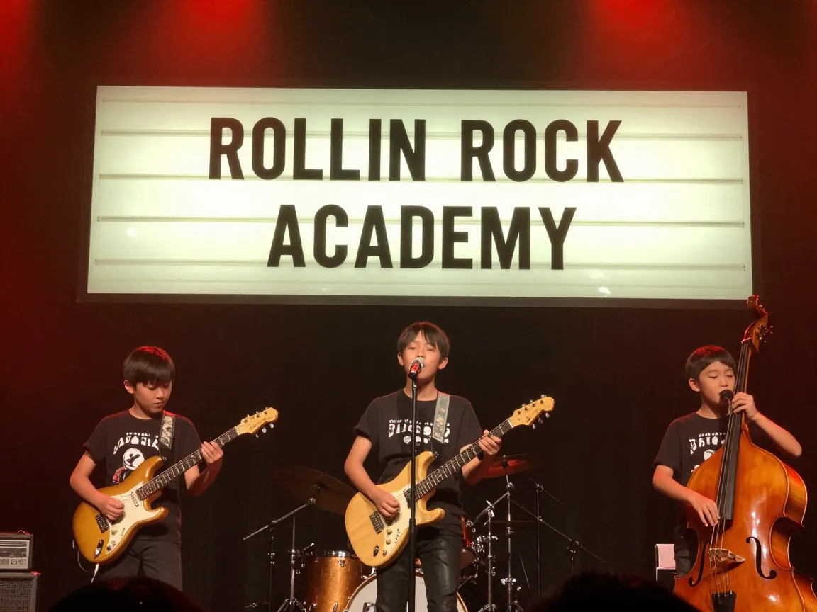 Student band performing under the Rollin Rock Academy marquee