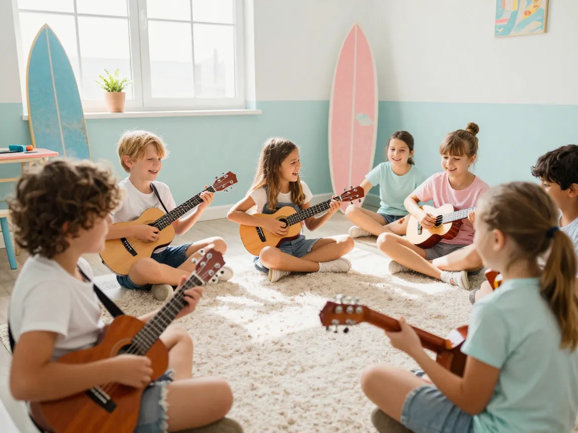Young kids playing guitars and ukulele in a beach-themed room