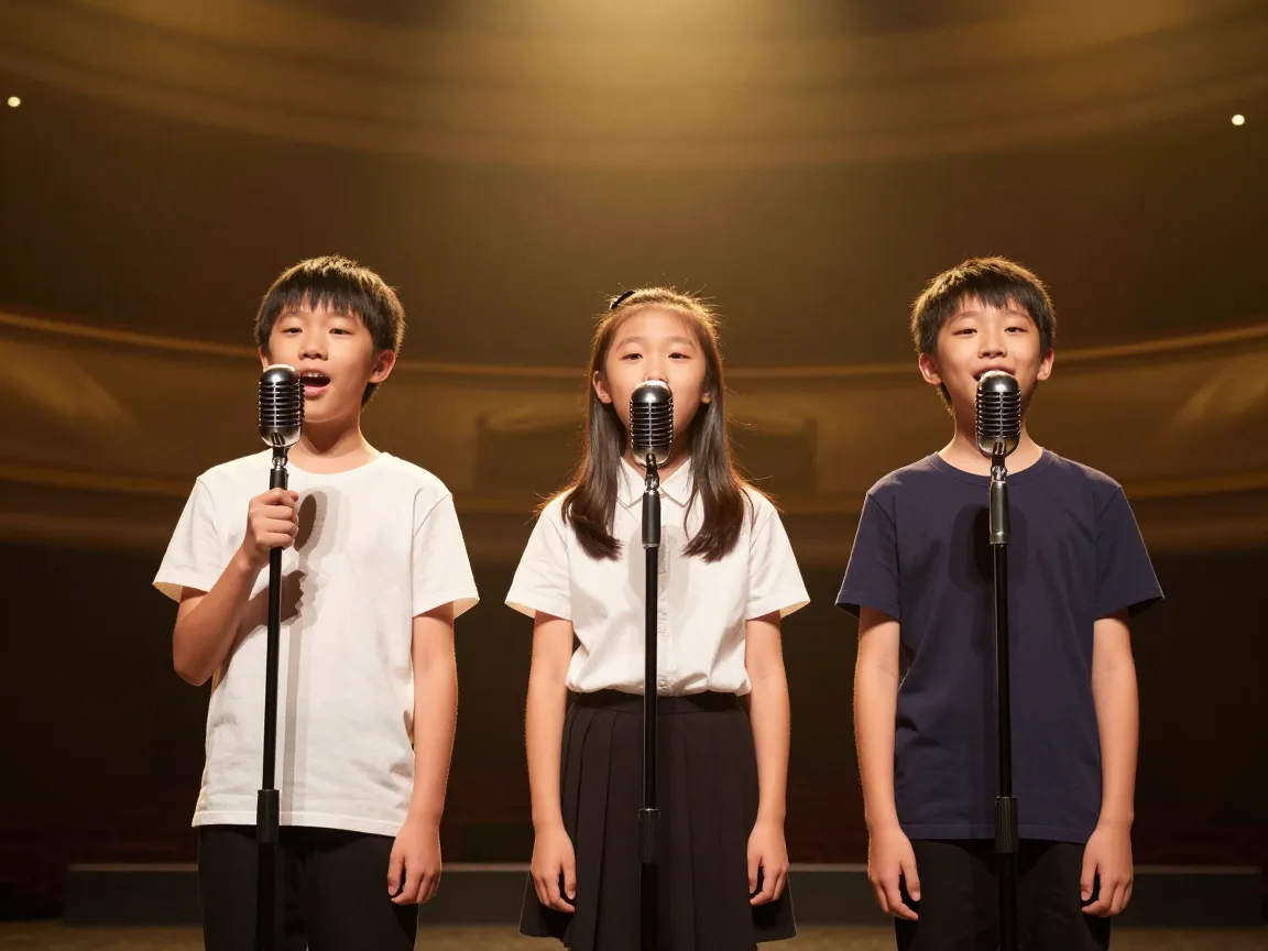 Three kids singing into vintage microphones as a vocal trio