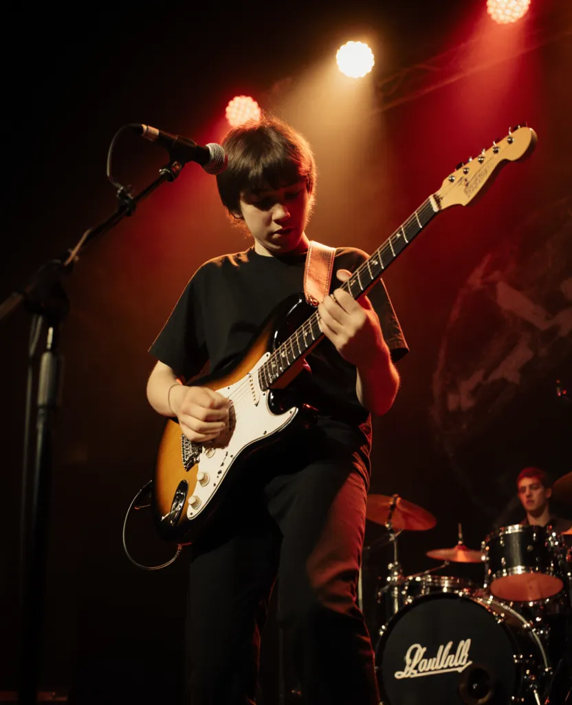 Young guitarist performing on stage at Rollin Rock Academy