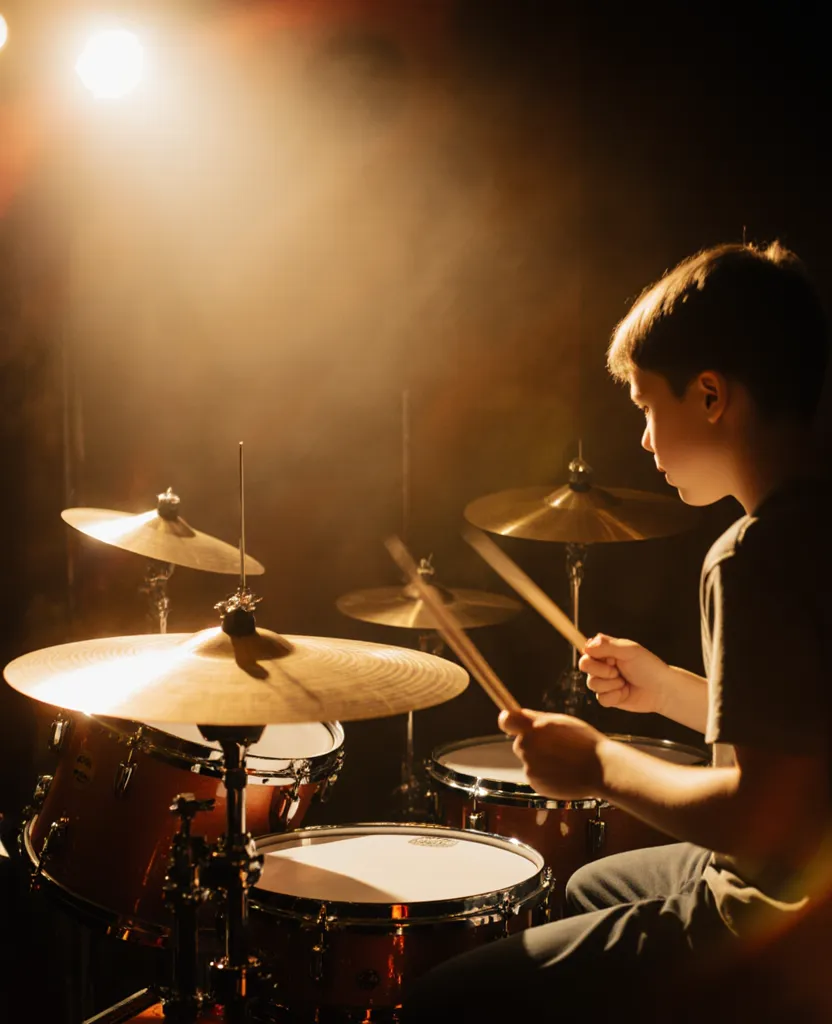 Young drummer practicing on a full drum kit