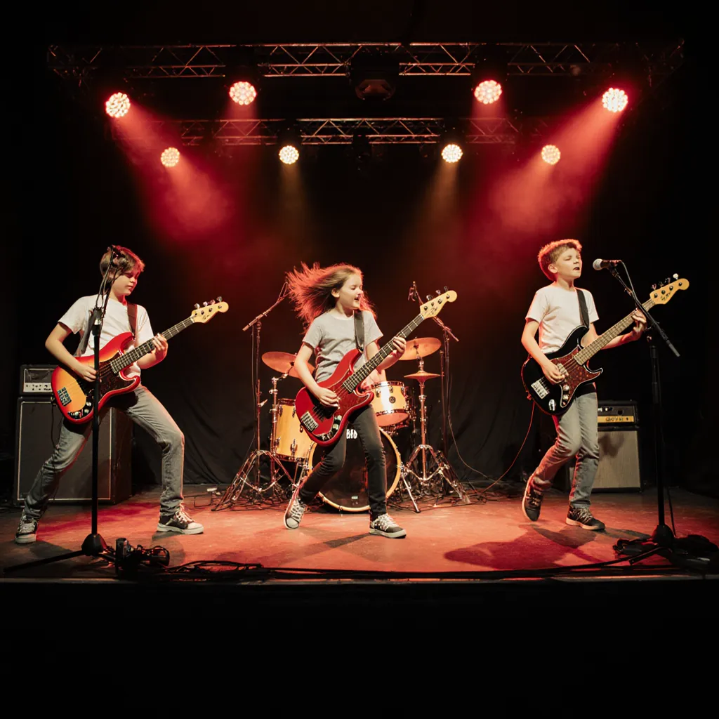 Kid band performing on stage with red stage lights