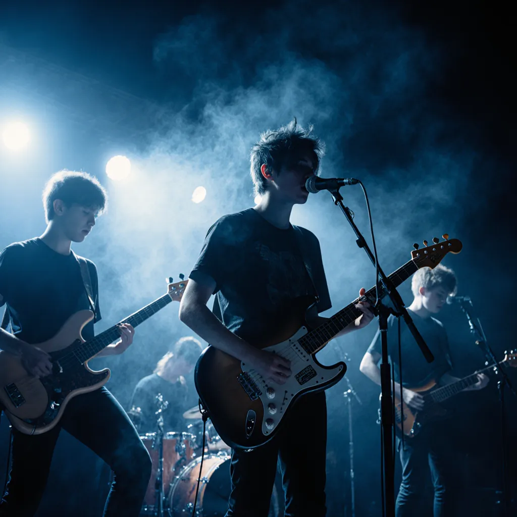 Teen indie band performing in moody blue stage light